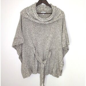 New York & Co Pullover Poncho Sweater Oatmeal Tan Cowl Neck L/Xl Knit Tie Waist